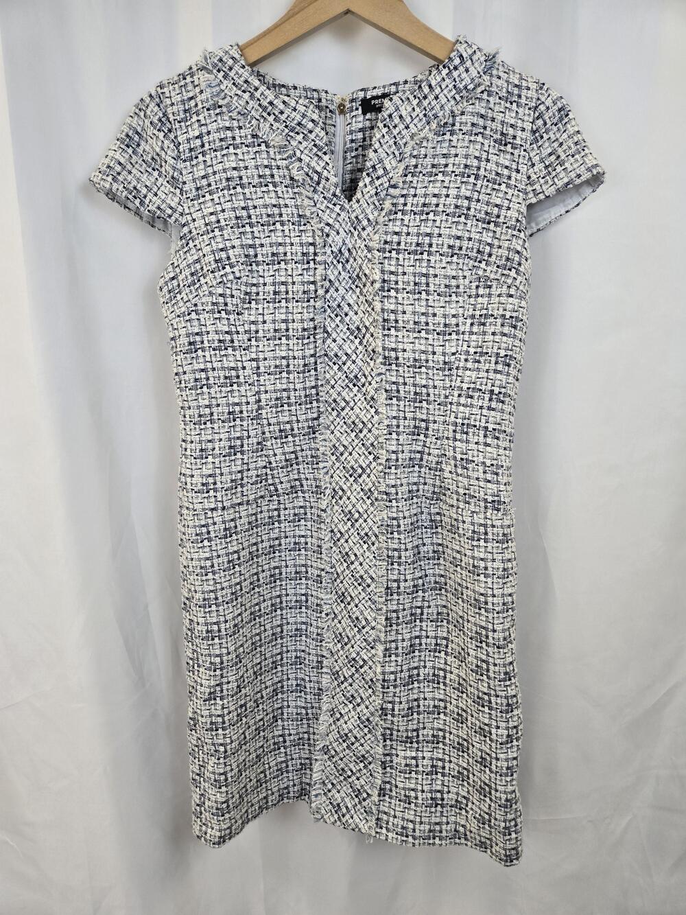 Premise Dress Womens 6 Blue Tweed Check Short Sleeve Fringe Sheath Workwear
